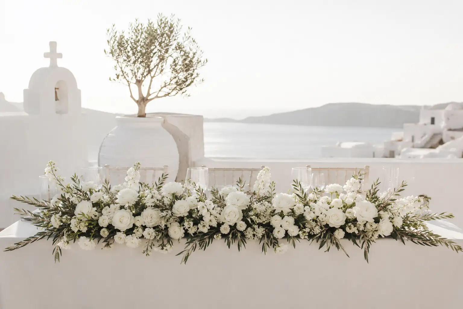 Minimal white luxury ανθοστολισμός γάμου στα Κουφονήσια