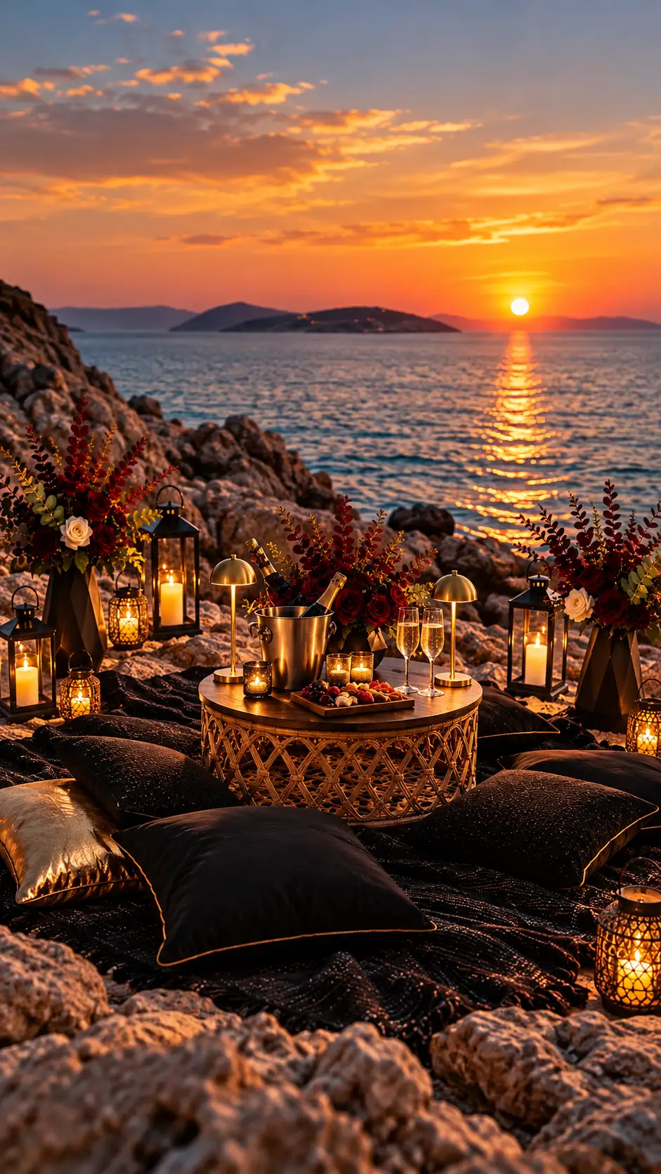 Black and Gold ρομαντικό dinner setup για πρόταση γάμου στα Κουφονήσια